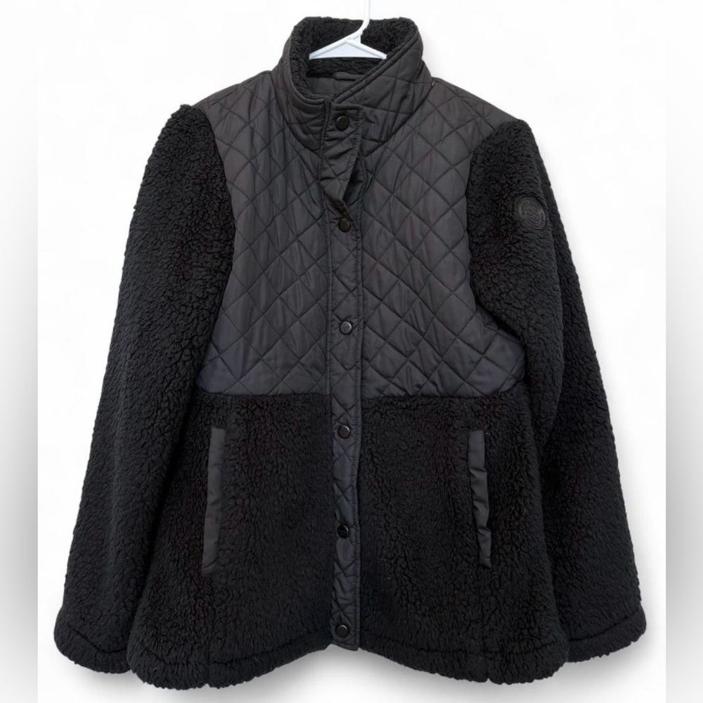 Women's Steve Madden Madden‎ Girl Black Quilted Sherpa Snap Jacket Size Medium